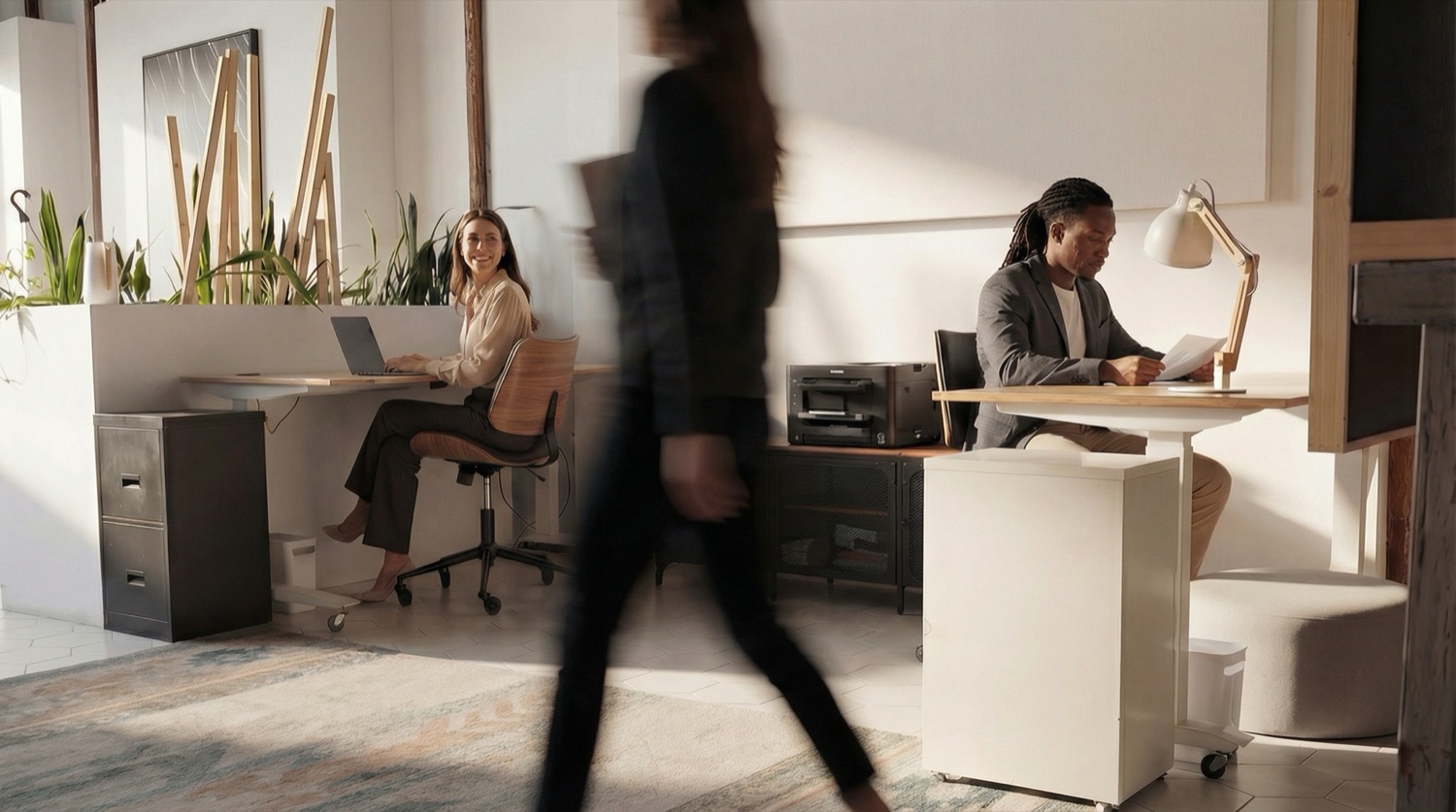 A working morning at the studio desks.